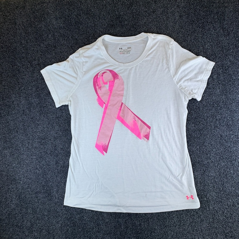 Under Armour Heatgear T-Shirt Womens Large White Breast Cancer Awareness Graphic